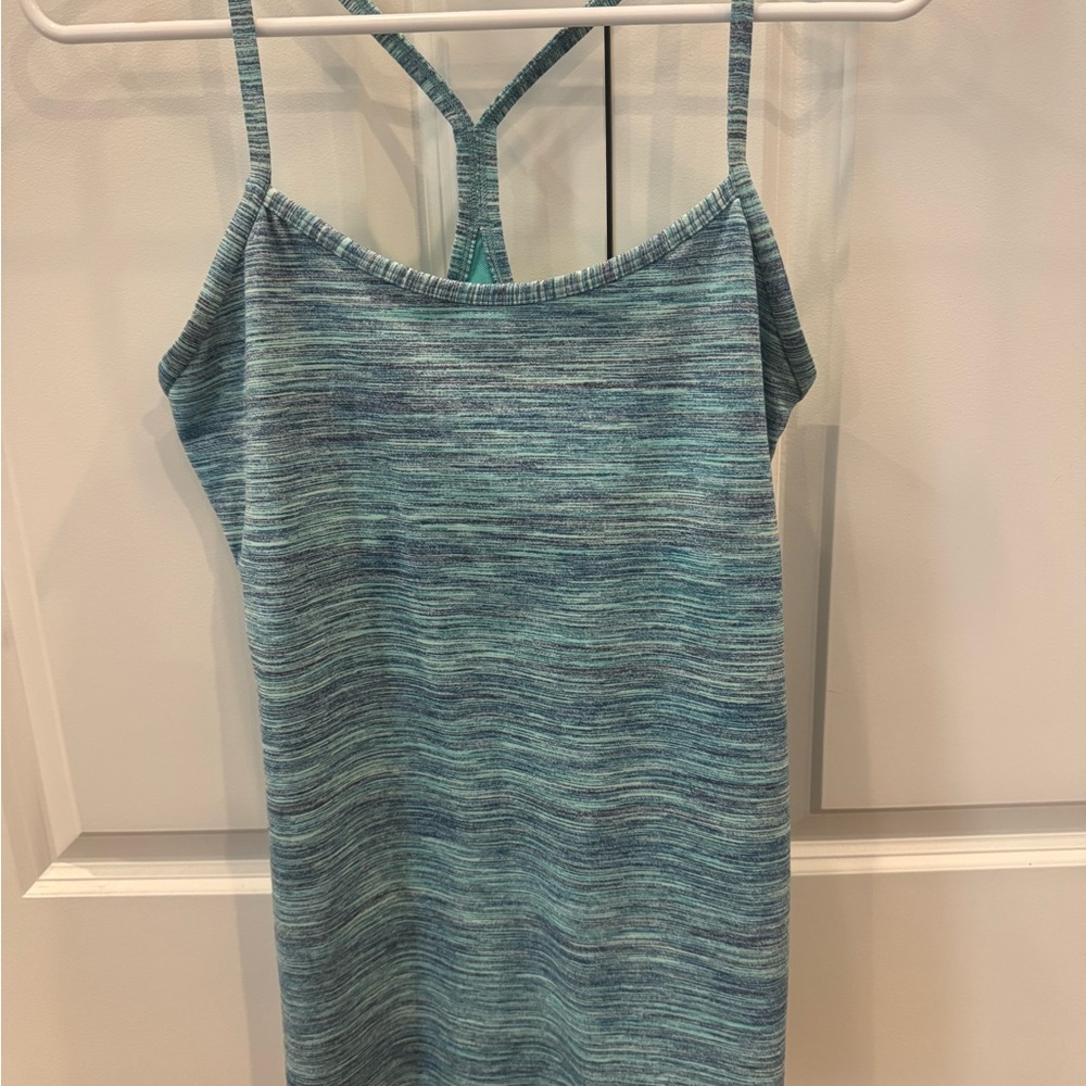 Lululemon Teal Multicolor Stretchy Power Y-top, built in shelf bra